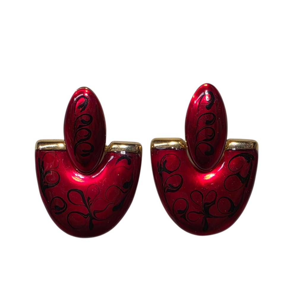 Unbranded Post Earrings Womens OS Red Black Gold Enamel Abstract Swirl